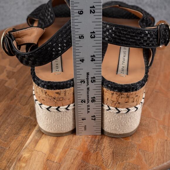 Zara Trafaluc Black Woven Cork Contrast Wedge Platform Sandals Size 37 - Picture 5 of 7